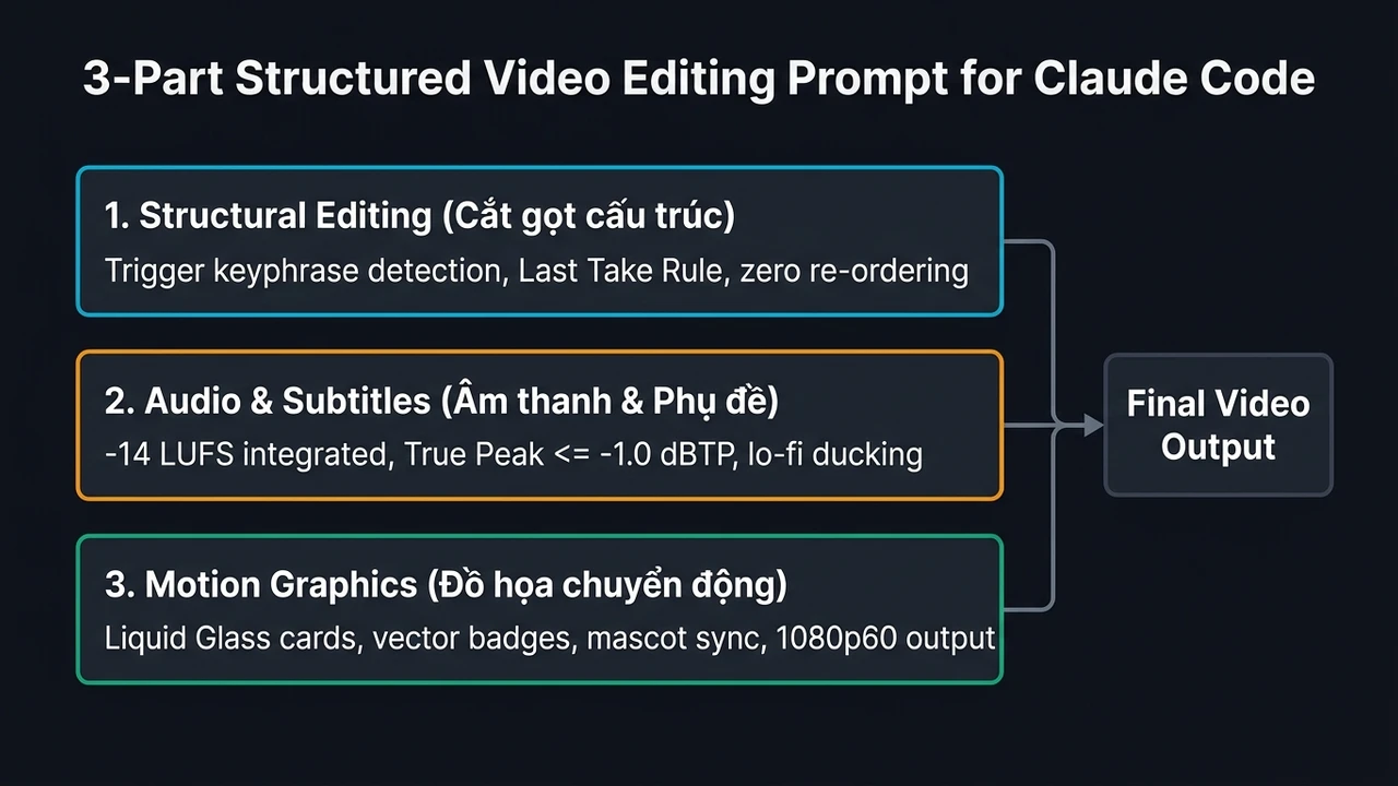 Sơ đồ kiến trúc 2D bộ khung prompt 3 phần điều phối dựng video bằng Claude Code | Tôi là Tùng, toilatung, Nguyễn Thanh Tùng, Tùng Sóc Sơn
