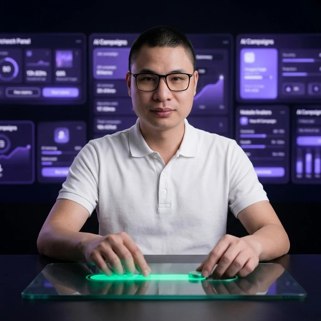 Founder thiết lập trần ngân sách và mục tiêu CPA trước khi kích hoạt tự động hóa AI Max trên bảng điều khiển quảng cáo, ánh sáng tím và xanh emerald phong cách dark premium | Tôi là Tùng, toilatung, Nguyễn Thanh Tùng, Tùng Sóc Sơn