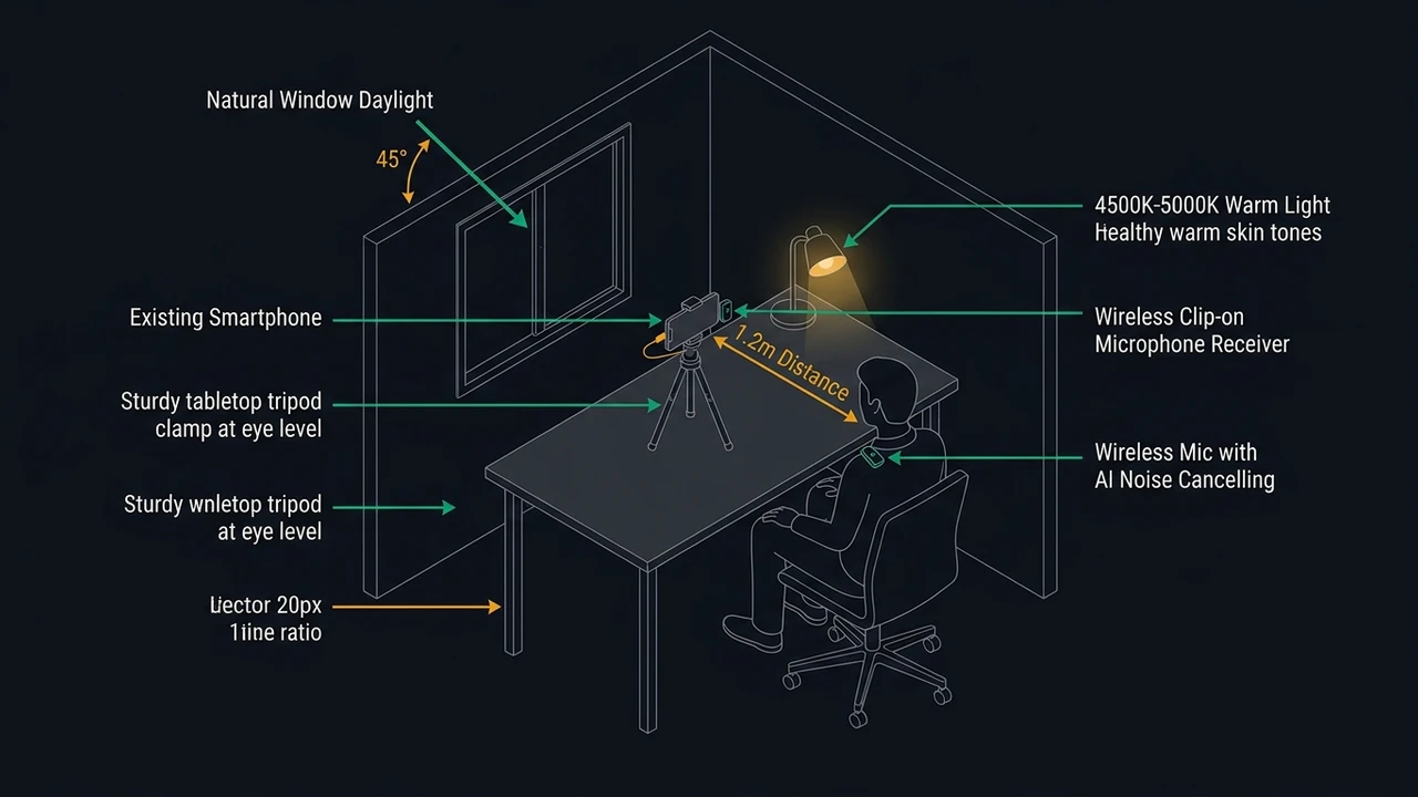 Sơ đồ bố trí góc quay 1 người tối giản với điện thoại, ánh sáng ấm 4500K và micro không dây khử ồn | Tôi là Tùng, toilatung, Nguyễn Thanh Tùng, Tùng Sóc Sơn