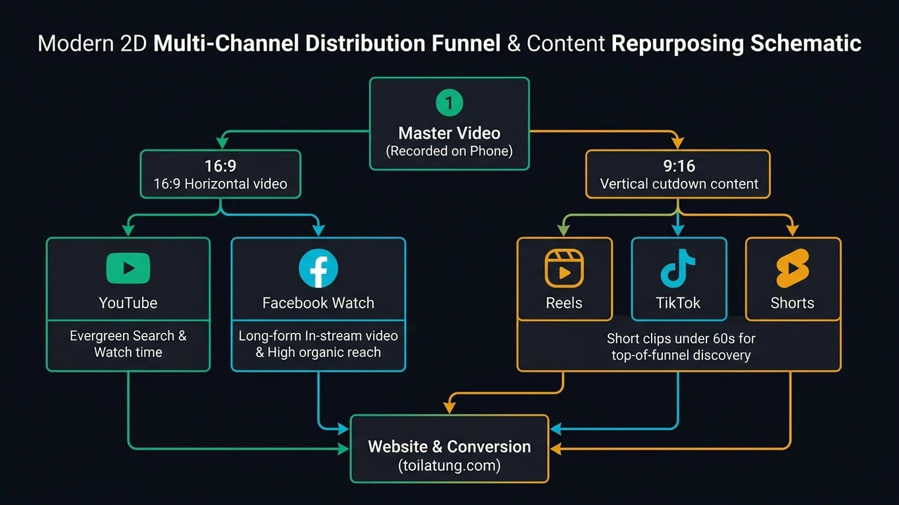 Sơ đồ phễu phân phối 1 video gốc sang đa kênh YouTube, Facebook Video dài và Reels ngắn | Tôi là Tùng, toilatung, Nguyễn Thanh Tùng, Tùng Sóc Sơn